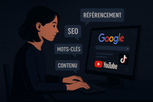 Créatrice de contenu sur ordinateur, optimisant son SEO pour Google, YouTube et TikTok, dans un style sombre