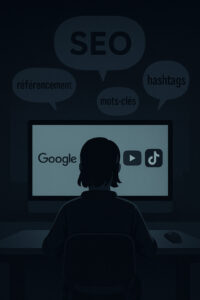 Illustration sombre d’un créateur de contenu devant un écran affichant Google, YouTube et TikTok, entouré de bulles “SEO”, “référencement”, “mots-clés” et “hashtags”