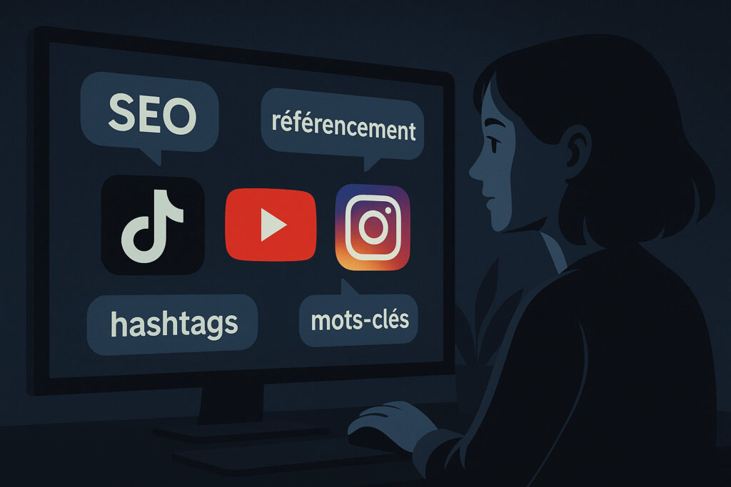 Illustration sombre d’une créatrice de contenu devant un écran avec les logos TikTok, YouTube et Instagram, entourés de bulles “SEO”, “référencement”, “hashtags” et “mots-clés”