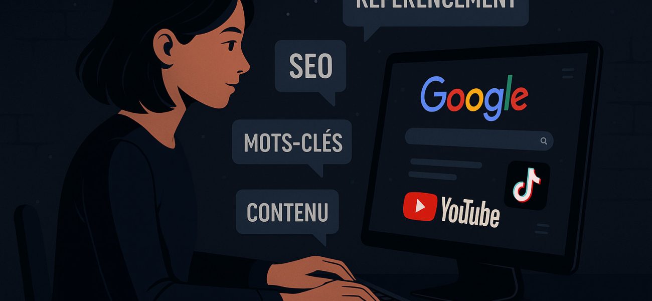 Créatrice de contenu sur ordinateur, optimisant son SEO pour Google, YouTube et TikTok, dans un style sombre