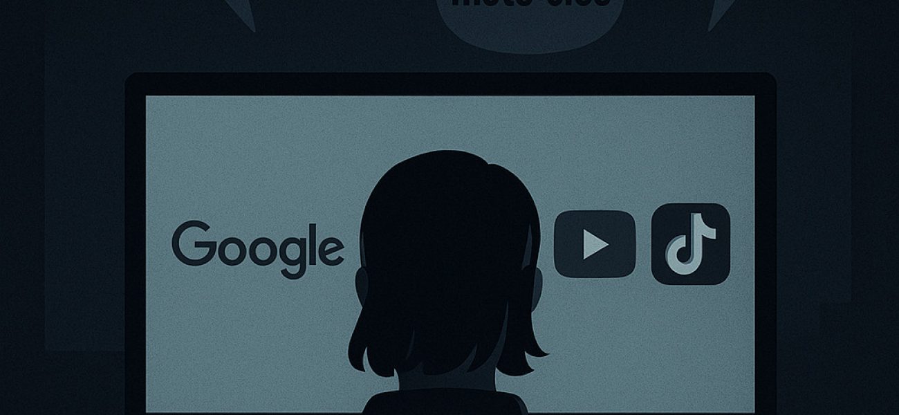 Illustration sombre d’un créateur de contenu devant un écran affichant Google, YouTube et TikTok, entouré de bulles “SEO”, “référencement”, “mots-clés” et “hashtags”